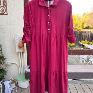 Womens L Boho Cottagcore Tiered Roll Sleeve Button Front  Midi Dress  Red Cotton